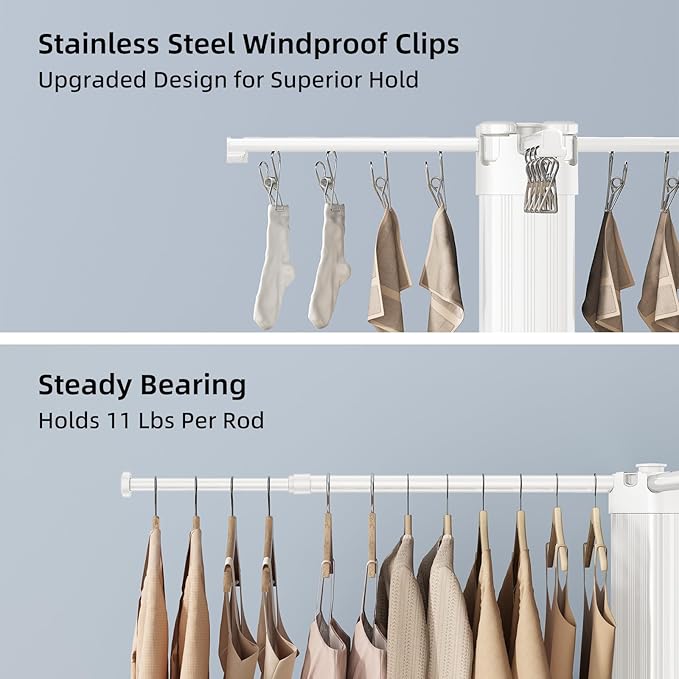 BIREN Clothes Drying Rack Foldable Extending Laundry Rack with 16 Clips Collapsible Clothing Rack Space-Saving Clothing Racks for Hanging Clothes, Indoor, Camping, Balcony, Outdoor