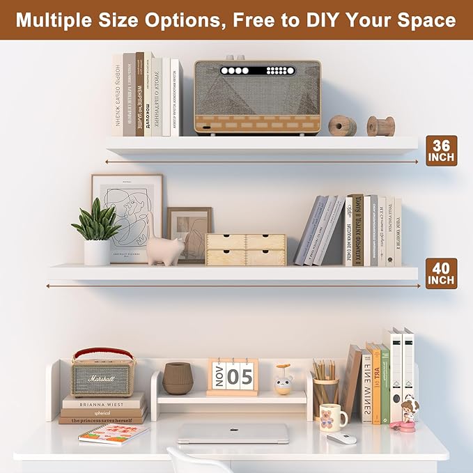 40 Inch Floating Shelf 1 Pack Large Floating Shelves for Wall No Drilling Accessories Included Deep Wall Shelves for Living Room Kitchen Farmhouse 40" W x 12" D x 1.2" White