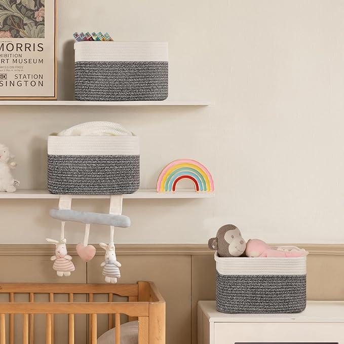 4 Pack Storage Baskets for Organizing, Woven Baskets for Shelves - Perfect for Toys, Books, Towels, and Clothes, Durable Gift Basket Bins Toy Storage, 13''Lx9''Wx7.8''H, Black & White