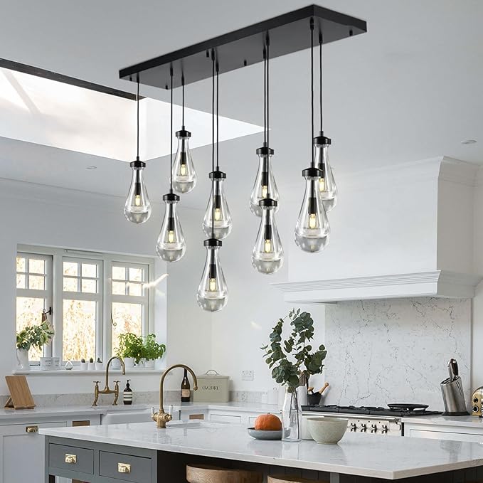 Raindrop 9-Light Chandeliers for Dining Room, Black Dining Room Lights Fixture Over Table, Teardrop Pendant Lights Kitchen Island, Adjustable Rope Hanging Lamp Ceiling for Entryway Foyer