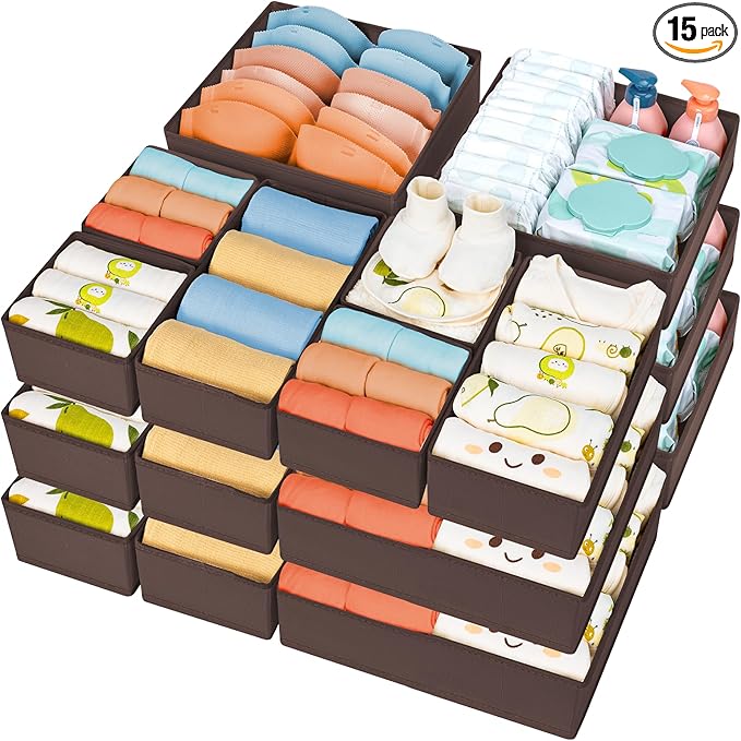 DIMJ Drawer Organizer 15 Pack - Foldable Baby Organizers and Storage & Dresser Organizer for Nursery, Bedroom, Closet - Nursery Organization Dresser Dividers for underwear, Sock, Bra, Belt, Tie, Brown