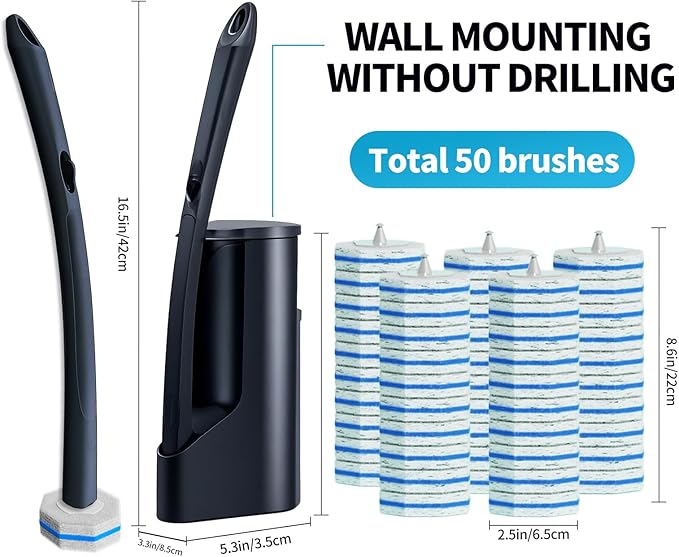 Disposable Toilet Brush with 50 Wand Cleaner Refills Pads，Wall Mounted Toilet Bowl Holder Set，Toilet Cleaning System Starter Kit，Bathroom Cleaning System for Sink Bathtub Wash Basin