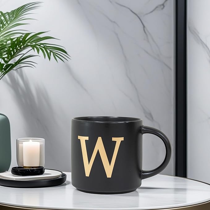 COLLECTIVE HOME - Monogram Ceramic Mugs, 15 oz Golden Initial Black Coffee Cups, Elegant Alphabet Tea Mugs, Elegant Personalized Mug with Gift Box, Unique Mug with Double Side Capital Lette (W)