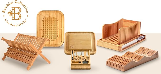 BAMBUSI Dish Drying Rack - Collapsible 2-Tier Bamboo Dish Rack for Kitchen Counter, Wooden Dish Drainer with Foldable Space-Saving Design - Drying Rack for Dishes, Plates, and Cups - Housewarming Gift