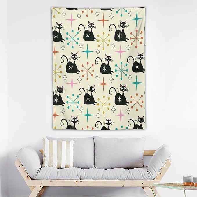 ICMOLYYENLO Abstract Cat Tapestry, Medieval Abstract Atomic Star Cat Vintage Home Wall Hanging Art Tapestry for Bedroom Living Room Dormitory 60x60 Inch