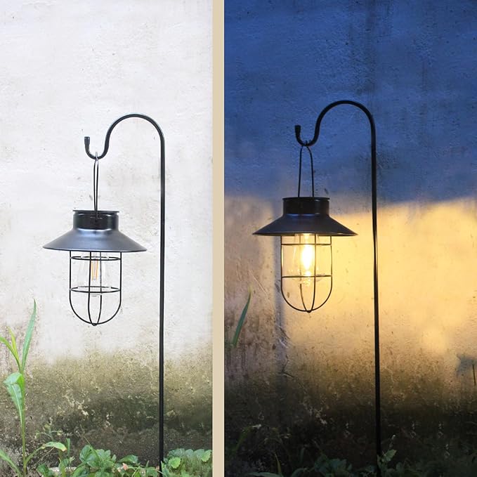 4 Pack Hanging Solar Lantern Lights with Shepherd Hook, Metal Waterproof Warm White Edison Bulb Lights for Garden Outdoor Pathway