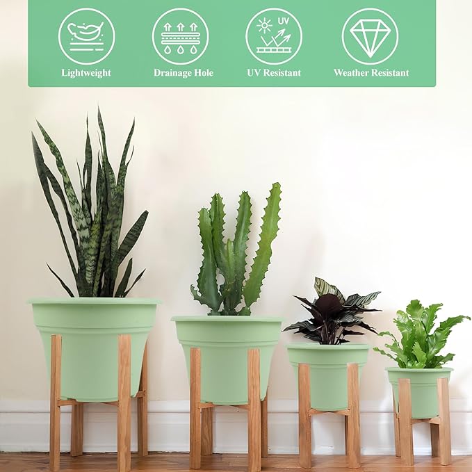 8 Inch Plastic-Flower Pot-for-Indoor Plants, 4 Pack Large Outdoor Planter Pot with Drainage Holes & Saucers, Resin Decorative Garden Pots Planters