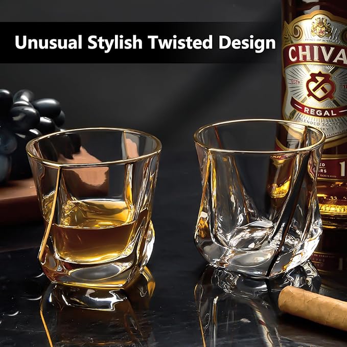 Crystal Whiskey Glasses Set of 2 with 24K Gold Rim,Bar Glasses,Twisted Whiskey Glass Gold Collection for Bourbon,Scotch and Wine,Rock Barware for Men Gift - 8oz