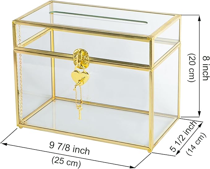 Glass Wedding Card Box with Slot, 10.2 inch Clear Card Box Gold Brass Gift Card Storage Box with Lock Perfect for Wedding Receptions, Baby Shower, Birthday Party, Bridal Shower