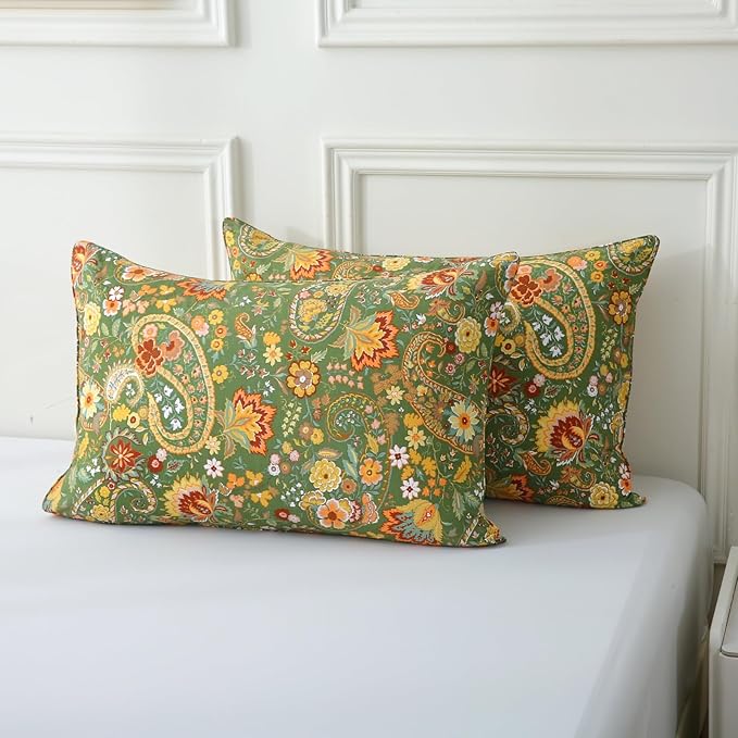 ABREEZE Paisley Bedding Sets 3Pcs Brushed Cotton Duvet Cover Set King Size Rustic Damask Green Floral Comforter Cover with Zipper Closure Boho Bedding Collections