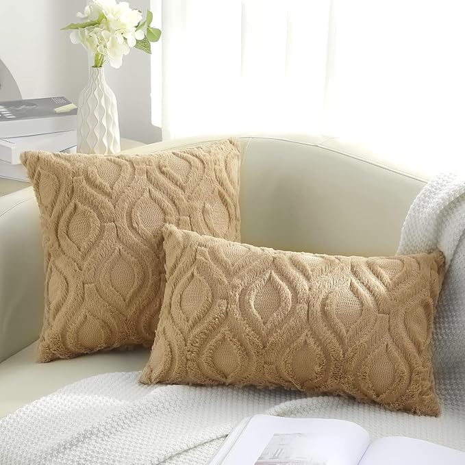 decorUhome Throw Pillow Covers 24x24 Inch Set of 2, Soft Plush Decorative Faux Fur Light Brown Solid Couch Pillow Covers, Accent Farmhouse Neutral Square Euro Pillow Cases for Sofa Bed Living Room