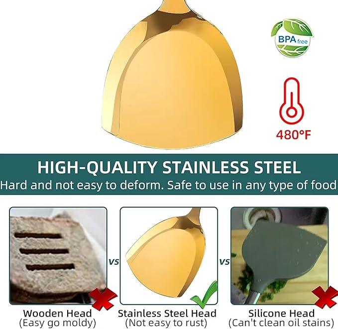 Generic Stainless Steel Kitchen Utensil Set, Spoon, Spatula, Pasta Server, Small Spatula (Pink & Gold)