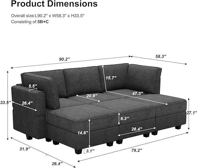 Belffin Terry Fabric Modular Sectional Sleeper Sofa Bed with Storage Convertible Sectional Couches for Living Room 6 Seaters Dark Grey Modular Sofa