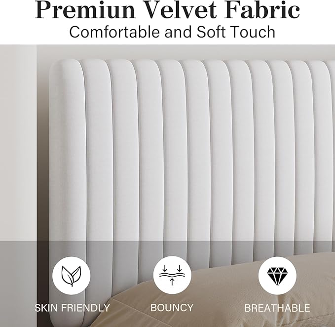 Full Size Bed Frame with Headboard, Velvet Upholstered Platform Bed with Vertical Channel Tufted Design, No Box Spring Required, Easy Assembly, White