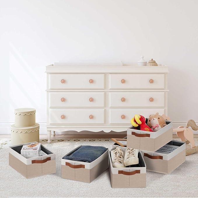 GhvyenntteS Small Fabric Storage Bins 6 Pack, 11.8" x 7.87" x 5.11" Storage Basket with Leather Handles, Closet Storage Bins for Shelves, Storage Baskets for Shelves, DVD Storage (Pink/White)