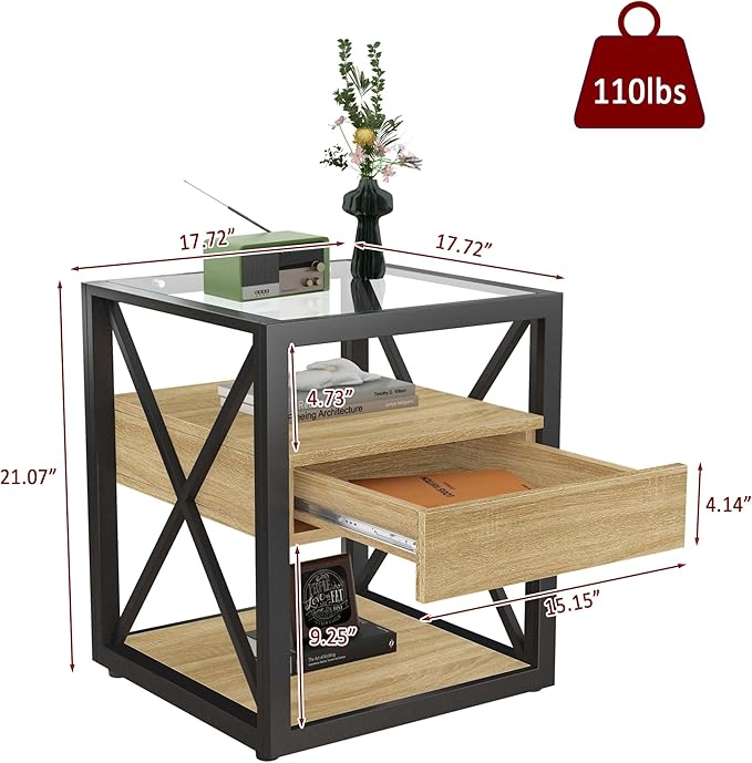 Farmhouse End Table Set of 2, Modern Side Table with Drawer&3-Tier Storage Shelf, Square Rustic Nightstand, Accent Tea Table, for Bedroom Office Living Room, Brown, Natural Wood, Glass, Metal