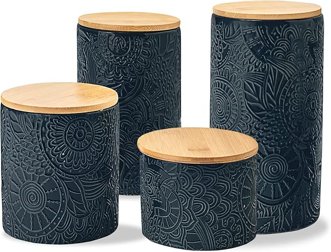 American Atelier Embossed Canister 4-Piece Ceramic Set Jar Container with Wooden Lids for Cookies, Candy, Coffee, Flour, Sugar, Rice, Pasta, Cereal & More