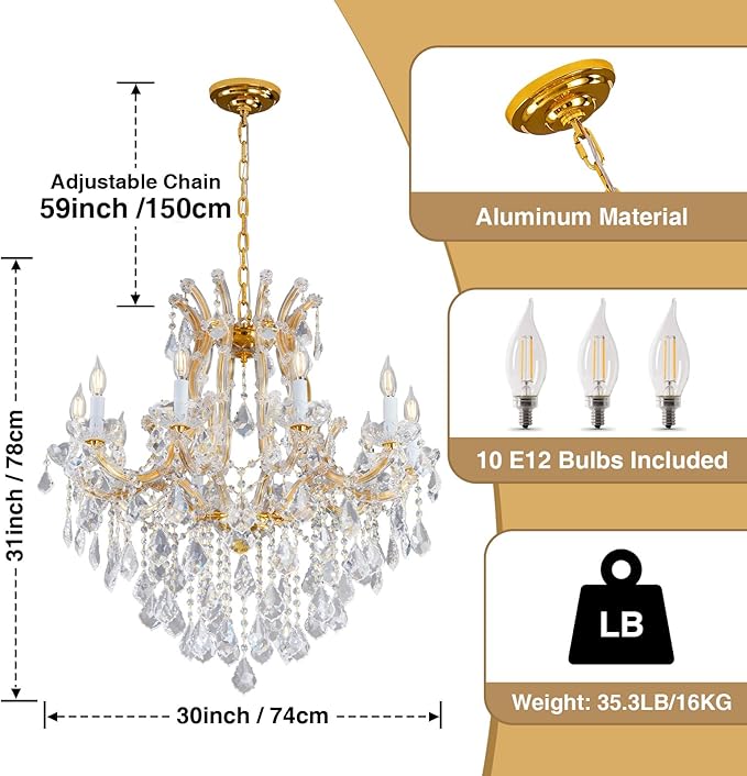 Crystal Chandelier for High Ceilings, Gold Chandelier, 15 Lights Modern Gold Crystal Chandeliers, Large Chandeliers for Staircase Foyer Entryway Living Room, 2 Layers