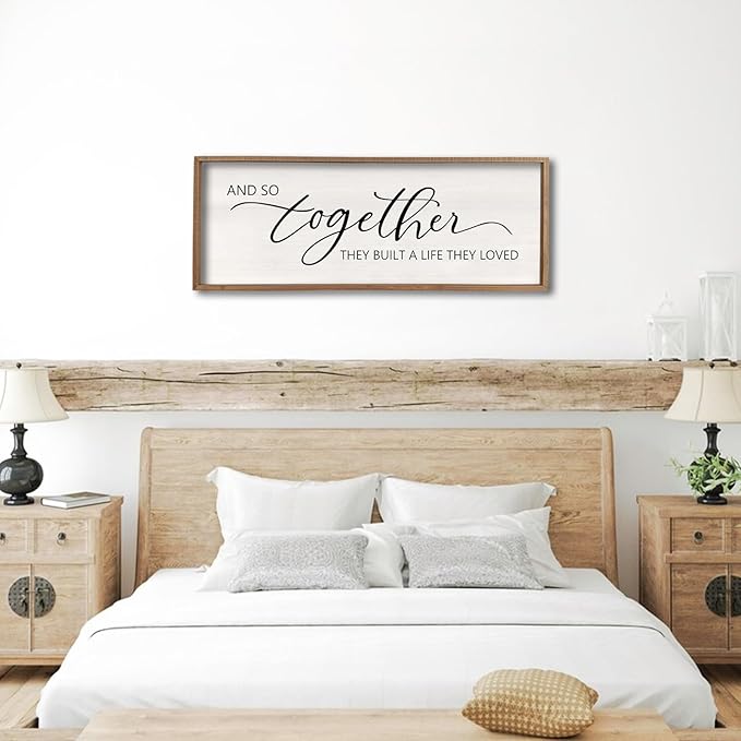And So Together They Built A Life They Loved Framed Wood Farmhouse Sign - 32'X12' Master Bedroom Above Bed Wall Art for Love Sign Decor