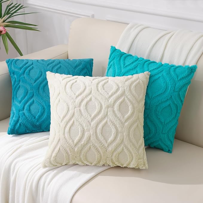 decorUhome Fall Throw Pillow Covers 12x20 Inch Set of 2, Soft Plush Decorative Faux Fur Teal Solid Couch Pillow Covers, Accent Farmhouse Neutral Lumbar Euro Pillow Cases for Sofa Bed Living Room