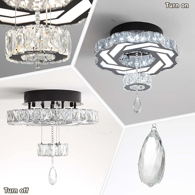 Flashing God 16 Inch Mini Chandelier Modern Crystal Chandeliers Light Semi Flush Mount Ceiling Light Fixture Small Black Chandelier for Bedroom Hallway Kitchen Foyer