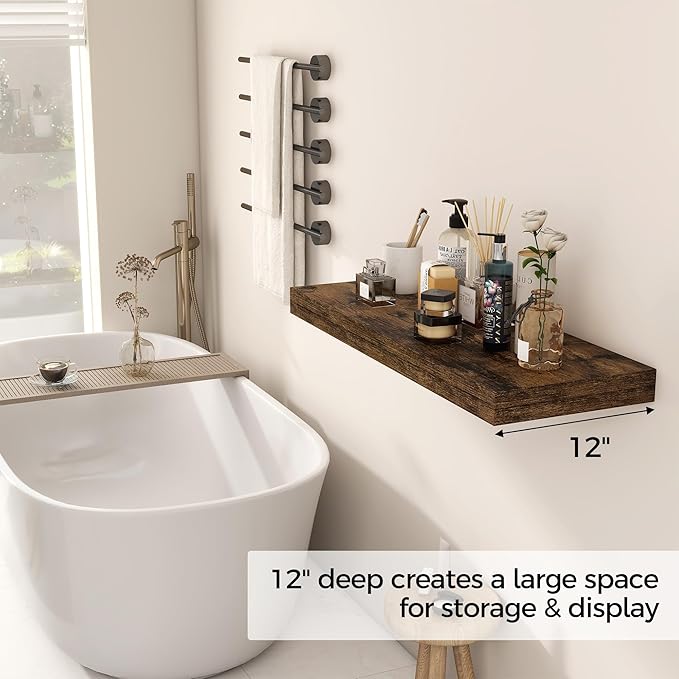 Floating Shelves 30 Inch Long, 12 Inch Deep Floating Shelf for Books, Rustic Wood 30 x 12 Storage Shelves for Wall Storage & Display, Thicked Wall Shelf for Kitchen, Living Room, Rustic Brown, 1 Pack