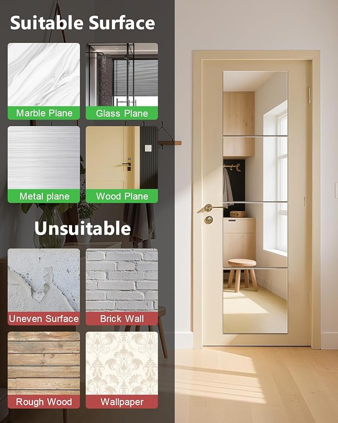 Full Length Wall Mirror Tiles, 12'' x 14'' x 4PCS, Acrylic Unbreakable Full Body Mirror for Bedroom Squares Shatterproof Mirror Sheets Wall Mounted for Home Gym Door