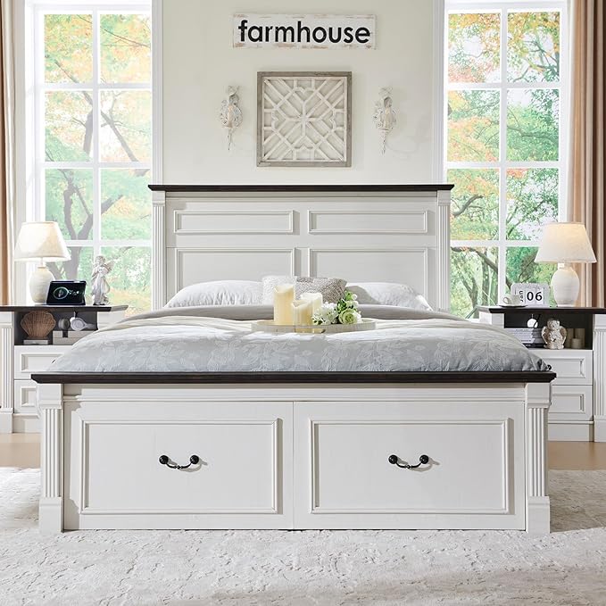 26" Tall Farmhouse Nightstand, 2 Drawers End Table w/Charging Station, 23.6" Wide Large Side Table w/Roman Column, Wood Rustic Sofa Table w/Open Shelf, Bedside Table for Bedroom, White