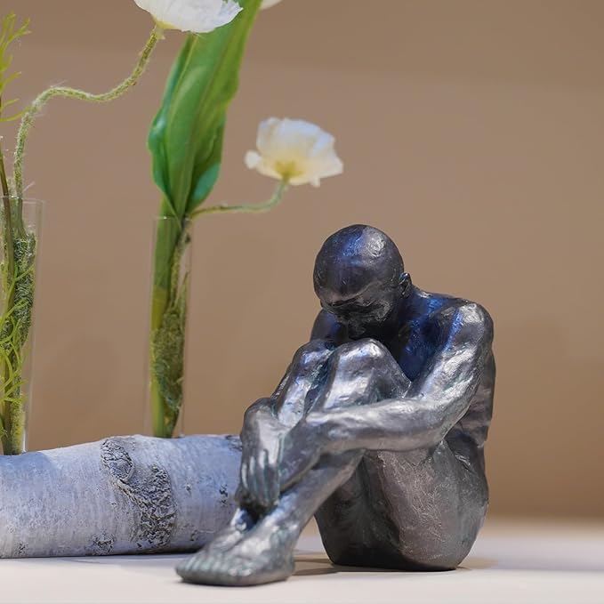 Guichifun Sitting Man Sculptures Home Decor - Resin Bronze Male Holding Arms Legs Lonely Statues Decorative Objects Outdoor Gift for Men 7.5 x 3.7 x 5.8 Inch