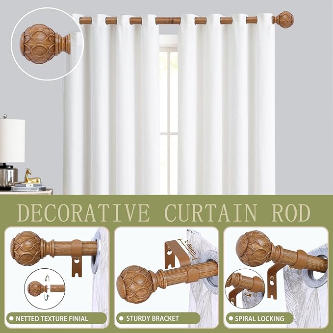 Wood Boho Curtain Rods for Windows:36-88Inch Wooden Farmhouse Curtain Rod for Bedroom Living Room,Heavy Duty Adjustable Rustic Decorative Drapery Rods with Vintage Imitation Wood Finial,Brown