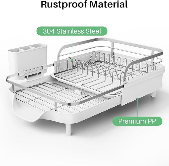 Dish Drying Rack, Expandable Dish Rack for Kitchen Counter, Stainless Steel Dish Drainer with Drainboard Set and Utensil Holder (White)