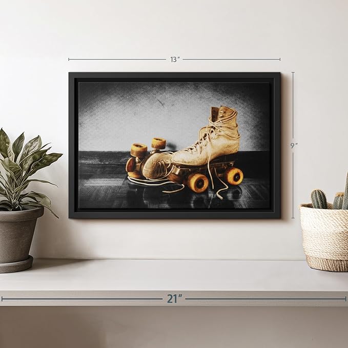 ElephantStock Vintage Skates Pop Wall Art - Horizontal Framed Canvas - 1-Piece Living Room Wall Decor - Sport Photography Canvas Print - Beige and Black Decor for Wall - 13" X 9"