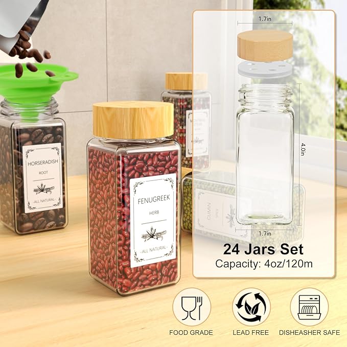 24 Spice Jars with Spice Drawer Organizer, 355 Spice Labels, 4 Pack Expandable From 11'' to 21'' Acrylic Spice Rack for Drawer, Seasoning Containers Storage Organization for Kitchen Cabinet Countertop