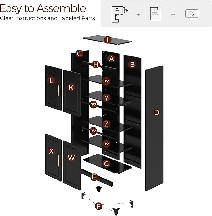 75" Tall Kitchen Pantry Storage Cabinet, Metal Storage Cabinets with 4 Doors and Adjustable Shelves, Black Kitchen Hutch Cabinet with Microwave Stand, Large Cupboard for Dining Living Room