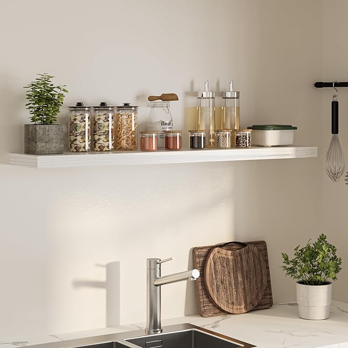 Floating Shelves for Wall, 55"W x 9.3"D x 1.5"H, Long Wooden Wall Mounted Display Shelves with Invisible Brackets for Living Room, Bedroom, Bathroom, Kitchen Decor and Storage, Set of 1, White
