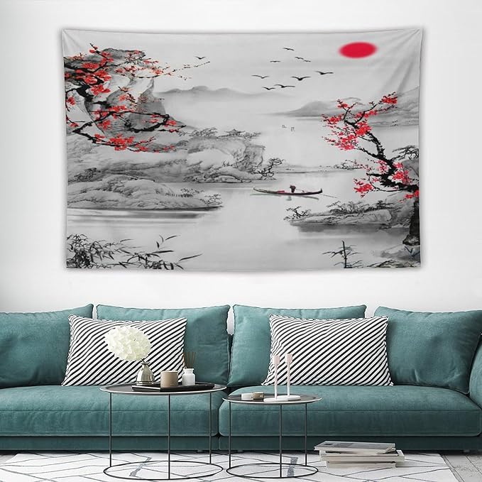 Cherry Blossoms Tapestry, Japanese Red Landscape Watercolor Abstract Art, Asian Japanese Wall Tapestry, Nature Landscape Tapestries for Bedroom Living Room Decor 90"x60"