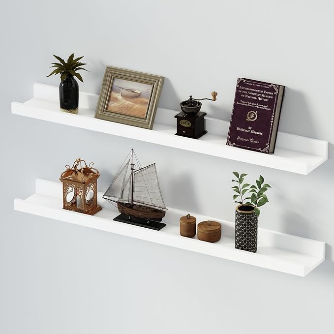 SAUMONIERES Picture Ledge Shelf Floating Book Shelves Set of 2 Wall Mounted Solid Wood for Bedroom Bathroom Living Room Kitchen, 36 Inch White