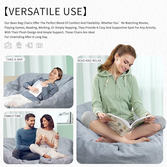 Bean Bag Chair for Adults 7FT,Soft Removable Cover for Teens/Girls Bedroom,Fluffy Giant Round Floor Beanbag Lounger Chairs (No Filler,Light Gray)