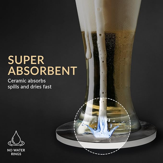 Emerson Coasters for Drinks Absorbent – Natural Stone Drink Coasters Set with Holder, Coasters for Coffee Table, Wooden Tabletop Protection Marble Style – 100% Heavy Duty Set of 6 (Mystic)