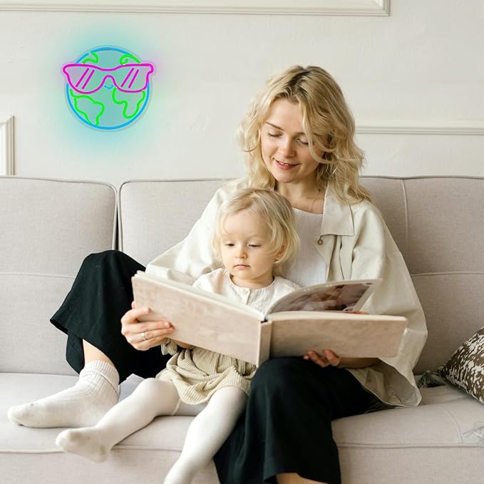 Earth Neon Sign Sunglasses Neon Light for Wall Decor Planet Neon Light Colorful LED Neon sign USB Powered LED Light Up Sign for Bedroom Kids Room Classroom Decoration