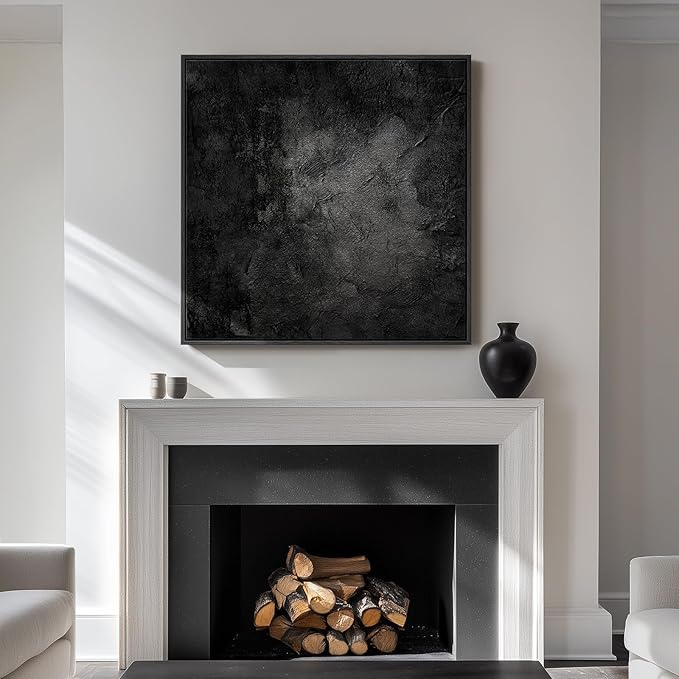 Framed Black Abstract Wall Art, Modern Canvas Prints Paintings Artwork for Walls, Square Minimalist All Black Pictures for Living Room, Hallway, Fireplace, Bedroom, Office, Bathroom Wall Decor