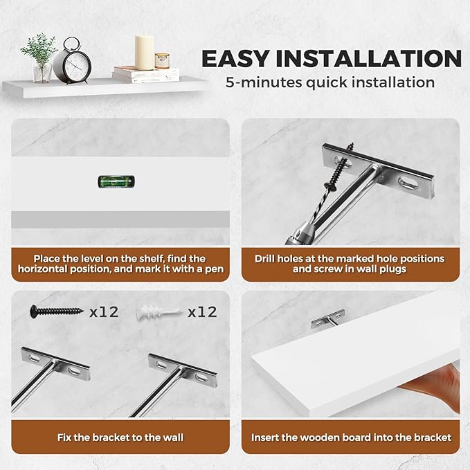 Floating Wall Shelves 2-Pack - 24-Inch Rustic White Wooden Shelves for Storage and Décor, Easy Installation for Living Room, Bedroom, and Kitchen