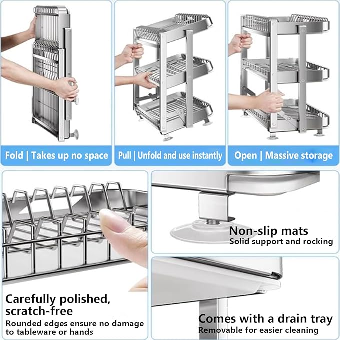 Dish Drying Rack with Drain Board - Rustproof Stainless Steel Dish Rack with Utensil Holder,Dish Racks for Kitchen Counter Over Sink,Over-Sink Drying Rack(Countertop,Second Floor)