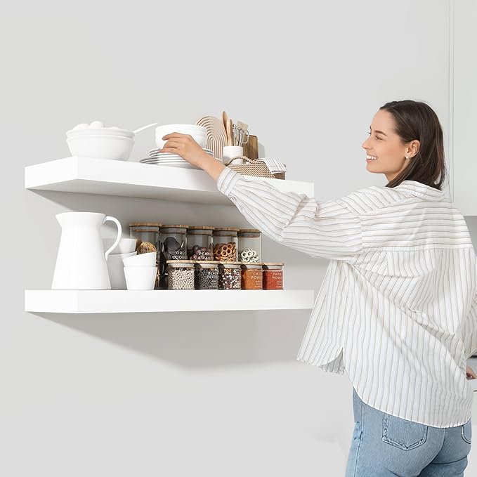 Heimlove 36 Inch White Floating Shelves for Wall,10 Inch Deep Wood Shelves with Invisible Brackets,Wall Mounted Storage & Display Shelves for Bedroom,Living Room,Kitchen,Office