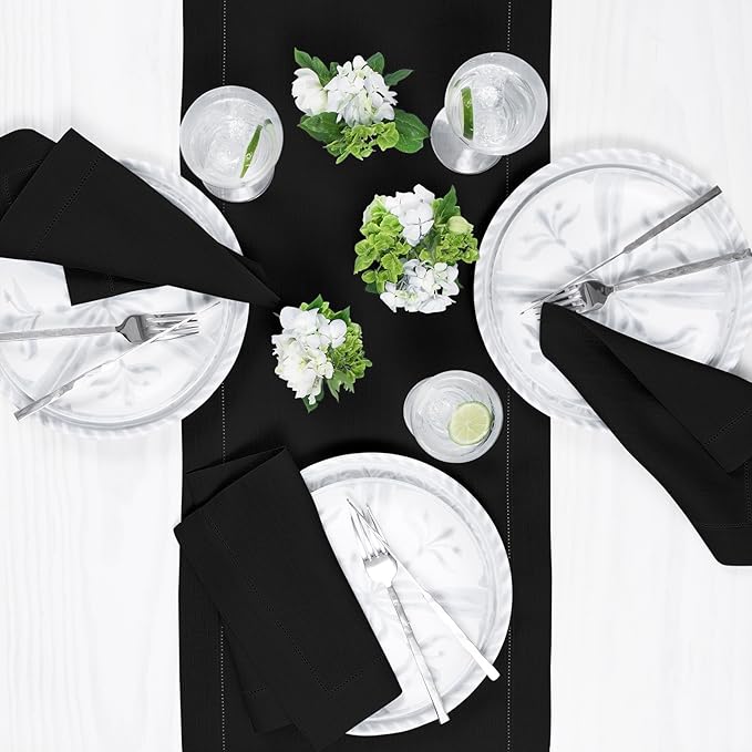 Solino Home Linen Black Table Runner 48 Inches - Classic Hemstitch, 100% Pure Linen Coffee Table Runner 14 x 48 Inch Ideal for Dresser Tables - Fall, Autumn, Halloween, Thanksgiving
