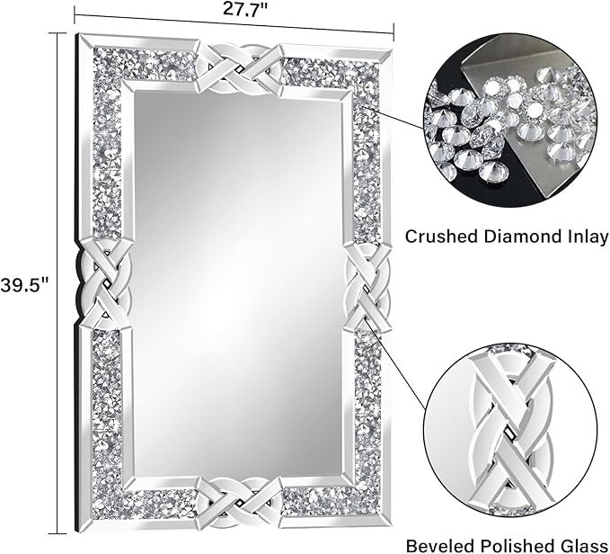 Crushed Diamond Decorative Wall Mirrors, 27.7x39.5 Inch Rectangle Living Room Mirrors for Wall Decor, Modern Glam Bathroom Dining Room Entryway Mirror Silver