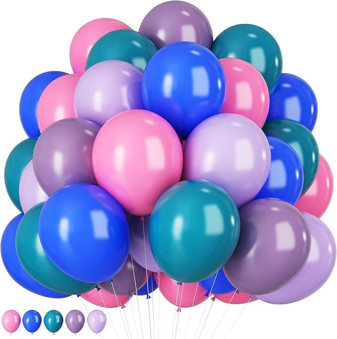 Blue Purple Balloons 60 Pcs 12 Inch Pink Light Purple Peacock Blue Latex Party Balloons for Kid Cartoon Theme Birthday Baby Shower Party Decorations Supplies
