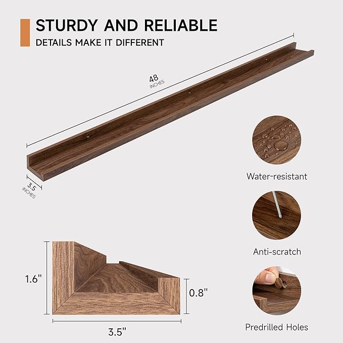 Picture Ledge Shelf for Wall, Floating Shelves Set of 4, 48 Inch Long Nursery Book Shelves for Toys Storage, Kids Bookshelf Wall Mounted for Books Photo Frames, Walnut