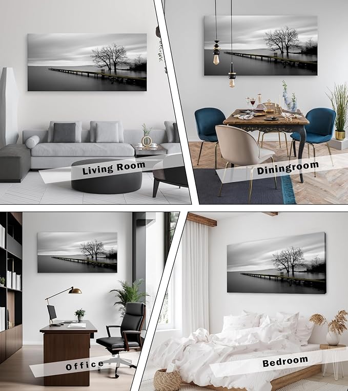DZL Art S74998 Gray Canvas Prints Modern Minimalist Black and White Lake Trees Landscape Wall Art Painting for Living Room Bedroom Decor Office Wall Decor Home Decoration