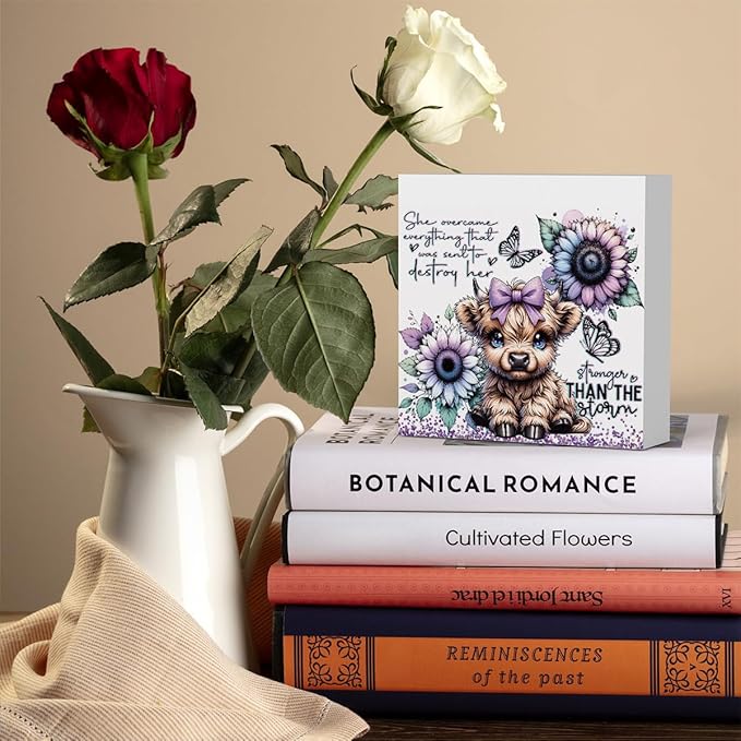 Cute Highland Cow Baby Decor, Highland Cow Sunflower Decor, Highland Cow Gifts for women, Highland Cow Nursery Decor, Wooden Box Decor Sign for Home Farmhouse Office Living Room Table Shelf